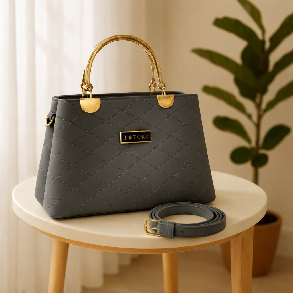 Premium Faux Leather Handbags with Golden Metal Handles - Elegant Shoulder