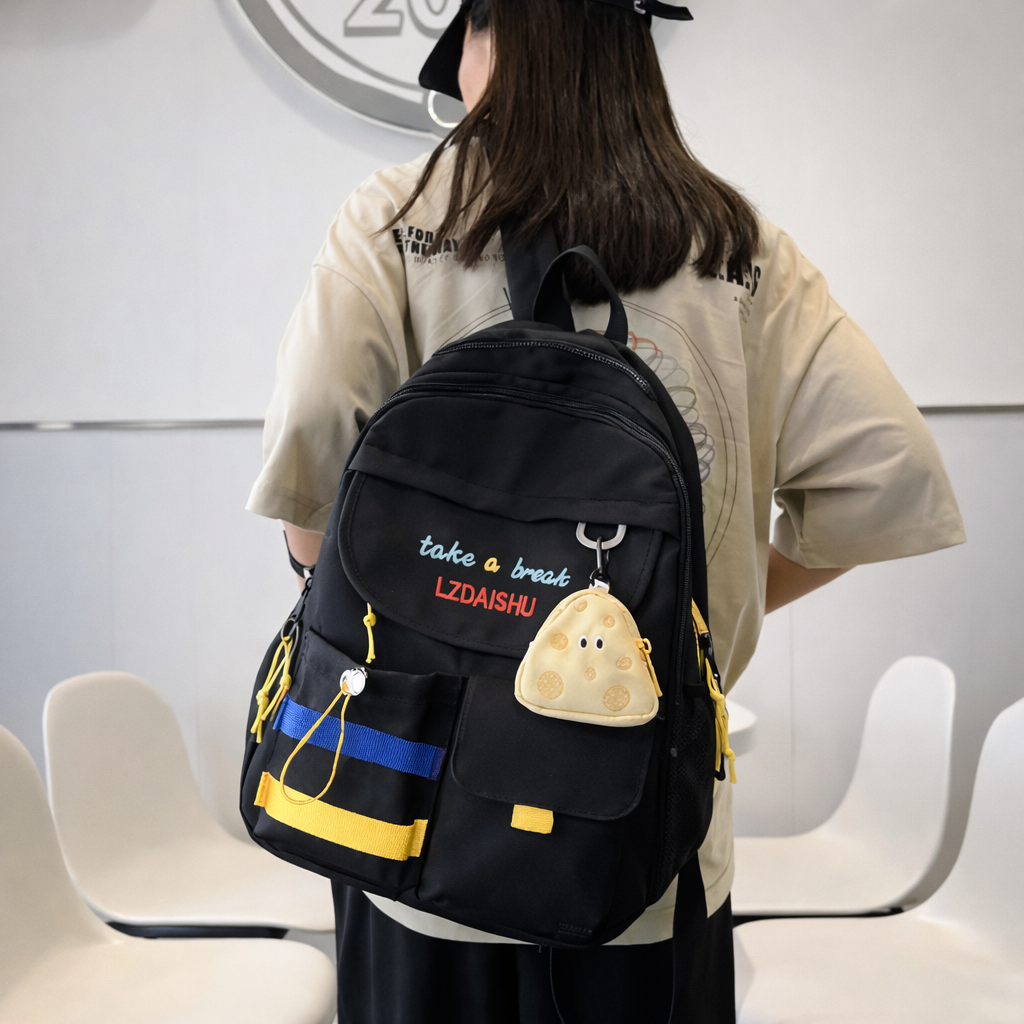 Stylish Black Backpack with Blue and Yellow Stripes + Cute Mouse Coin Purse