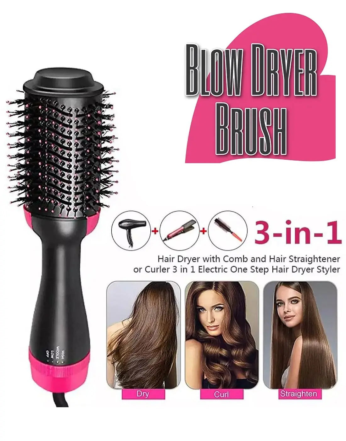 3‑in‑1 Hair Dryer Brush | One‑Step Volumizer and Styler | Dry, Straighten and Curl | Professional Hot Air Brush