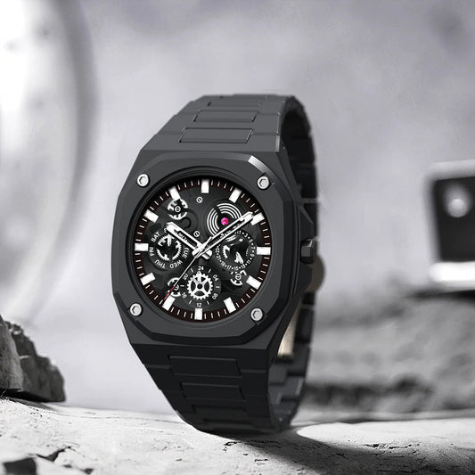 Premium Black Stainless Steel Waterproof Men’s Watch – Luxury Multi-Dial Design