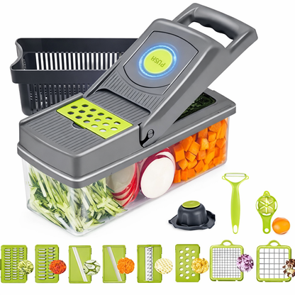 16-in-1 Multifunctional Vegetable Chopper & Slicer with Colander Basket and Storage Container – Heavy-Duty Food Cutter & Dicer for Onion, Potato, Carrot, Garlic & More