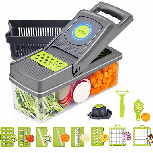16-in-1 Multifunctional Vegetable Chopper & Slicer with Colander Basket and Storage Container – Heavy-Duty Food Cutter & Dicer for Onion, Potato, Carrot, Garlic & More