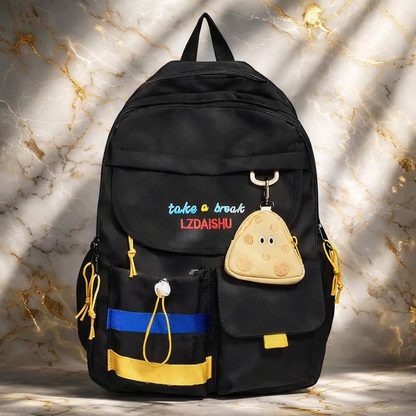 Stylish Black Backpack with Blue and Yellow Stripes + Cute Mouse Coin Purse