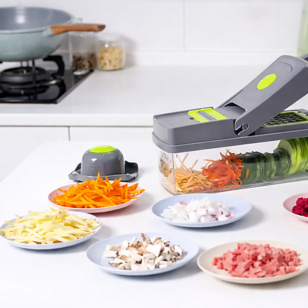 16-in-1 Multifunctional Vegetable Chopper & Slicer with Colander Basket and Storage Container – Heavy-Duty Food Cutter & Dicer for Onion, Potato, Carrot, Garlic & More