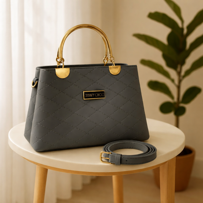 Premium Faux Leather Handbags with Golden Metal Handles - Elegant Shoulder