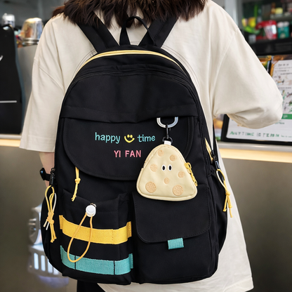 Stylish Black Backpack with Blue and Yellow Stripes + Cute Mouse Coin Purse