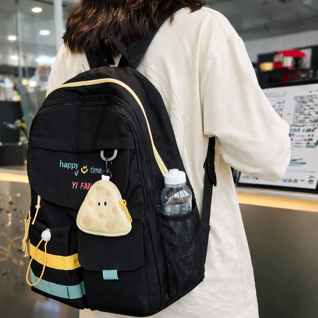 Stylish Black Backpack with Blue and Yellow Stripes + Cute Mouse Coin Purse