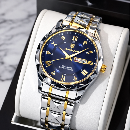 Luxury Stainless Steel Wristwatch with Royal Blue Dial